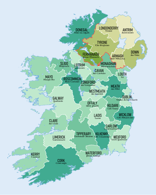 Mapa de Irlanda con condados tradicionales